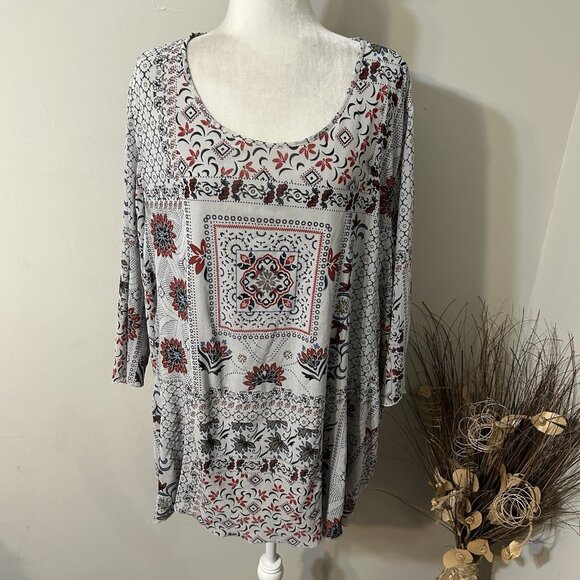 CATHERINES Women Mesh Tunic Top 3/4 Sleeve Floral Multicolor Scoop Neck Sz 4X - Picture 1 of 7